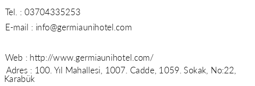 Germia Uni Hotel telefon numaralar, faks, e-mail, posta adresi ve iletiim bilgileri